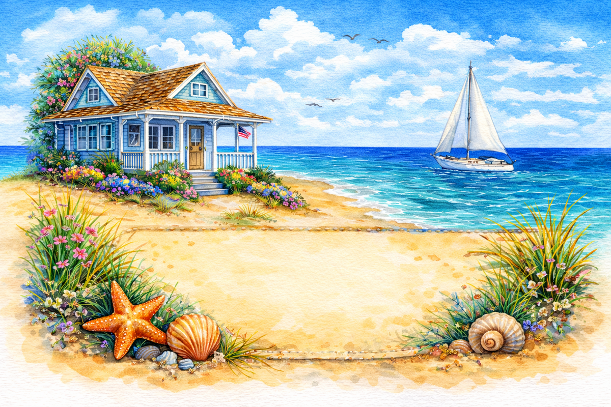 Plaque maison décor Cottage en bord de mer, impression UV, à personnaliser