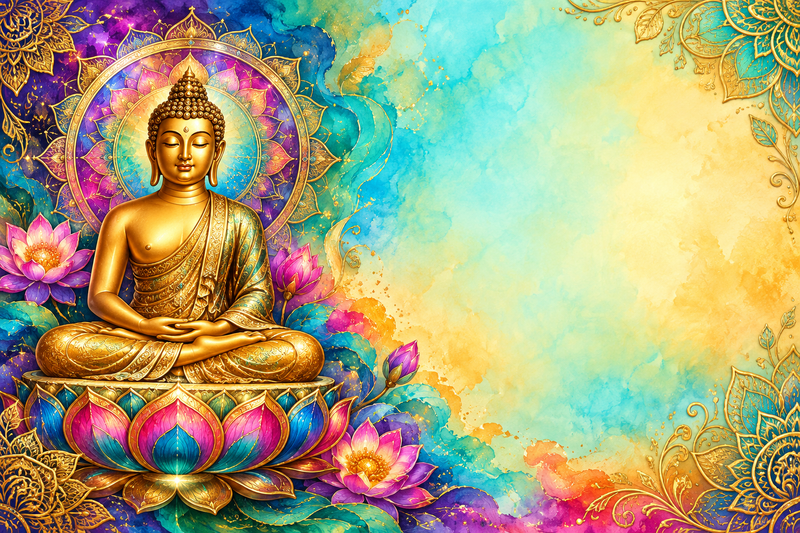 Zen Bouddha multicolore – plaque 15 × 10 cm sans texte, zone douce pour numéro et nom