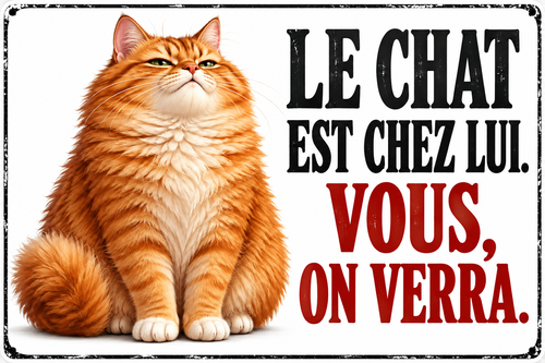 Plaque humoristique chat roux Le chat est chez lui. Vous, on verra. 30 × 20 cm — fond blanc