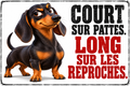 Plaque humoristique teckel Court sur pattes. Long sur les reproches. 30 × 20 cm — fond blanc