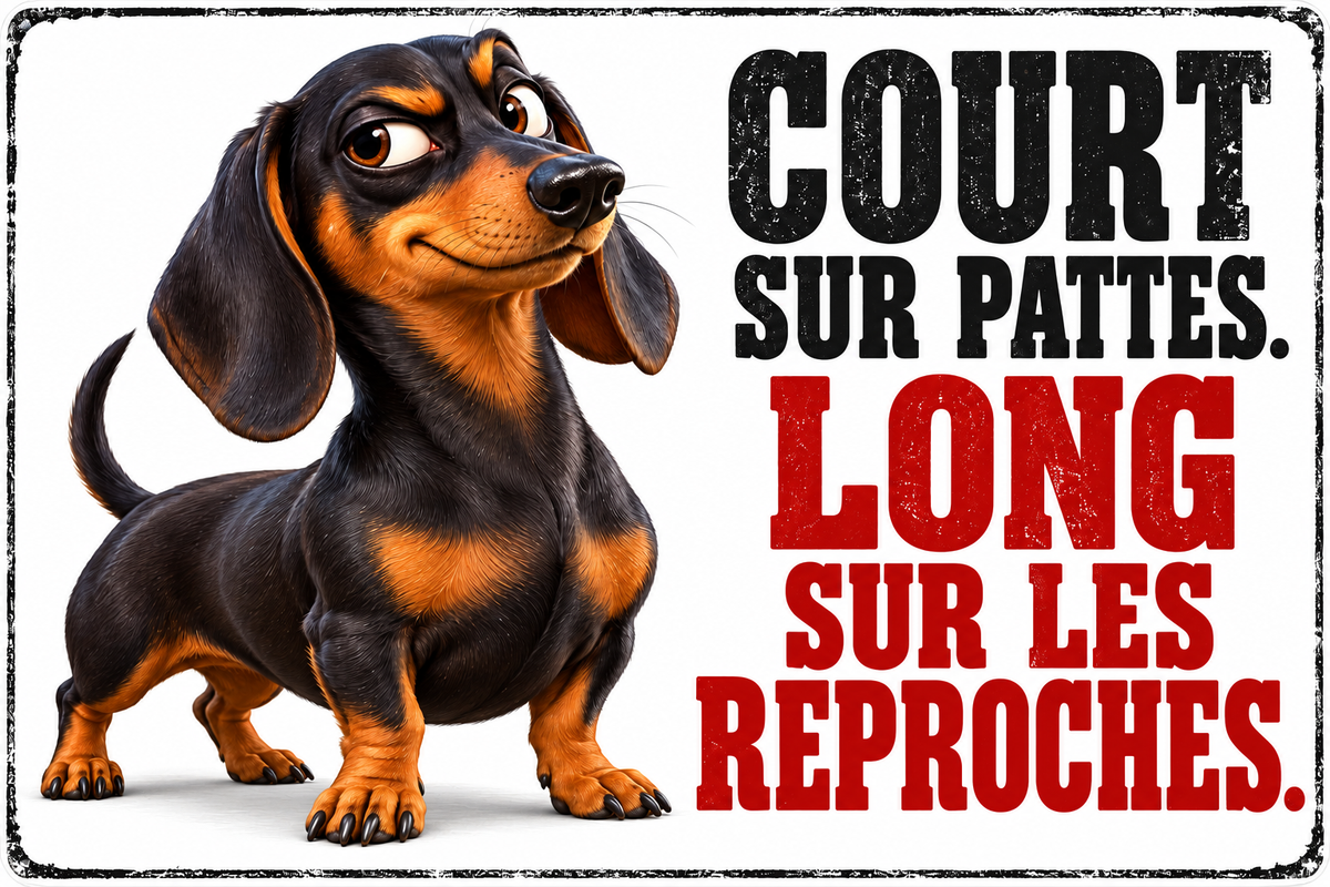 Plaque humoristique teckel Court sur pattes. Long sur les reproches. 30 × 20 cm — fond blanc