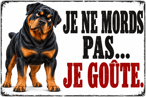 Plaque humoristique rottweiler Je ne mords pas… Je goûte. 30 × 20 cm — fond blanc