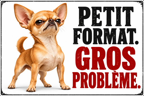 Plaque humoristique chihuahua Petit format. Gros problème. 30 × 20 cm — fond blanc