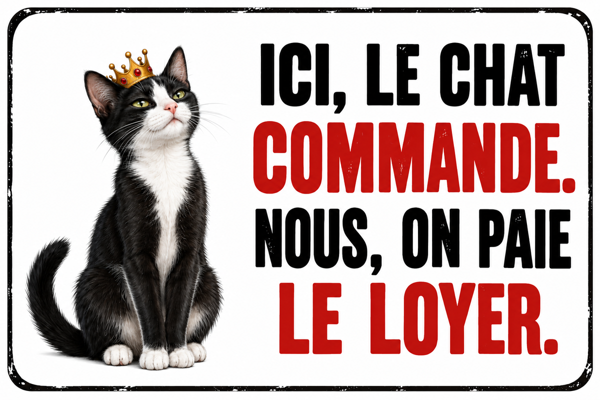 Plaque humoristique chat noir et blanc couronné, Ici le chat commande nous on paie le loyer, fond blanc, 30 × 20 cm