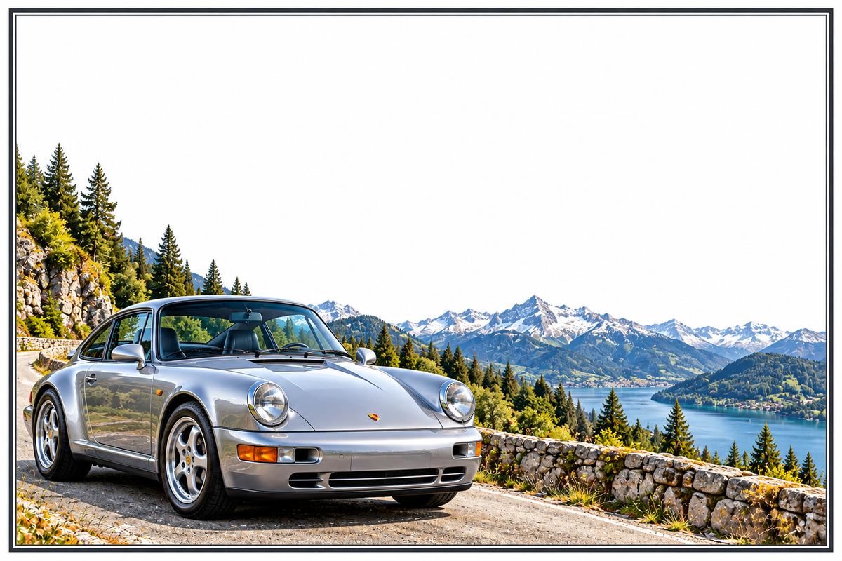 Plaque maison Porsche 911 gris argent, décor de montagne et lac, fond blanc, 15 × 10 cm, sans numéro ni nom