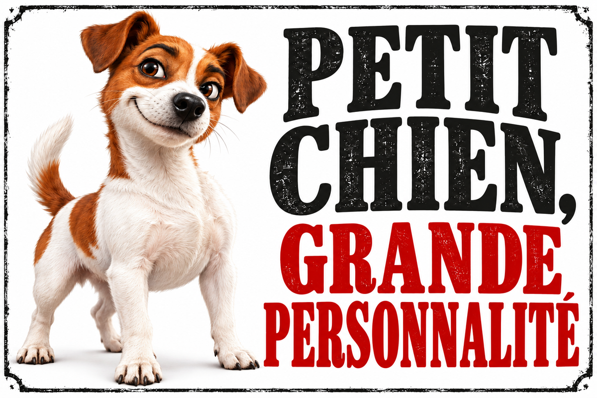Plaque humoristique chien Petit chien, grande personnalité – Jack Russell, format horizontal 30 × 20 cm — fond blanc