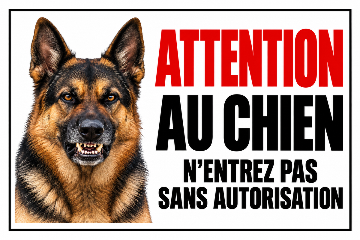 Plaque Attention au chien berger allemand – N’entrez pas sans autorisation – cadre noir – 30 × 20 cm