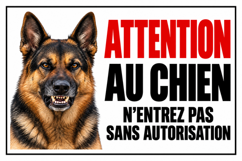 Plaque Attention au chien berger allemand – N’entrez pas sans autorisation – cadre noir – 30 × 20 cm