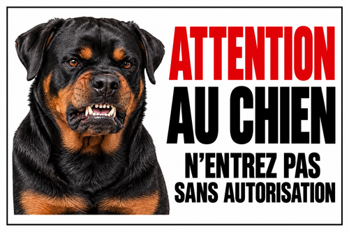Plaque Attention au chien rottweiler – N’entrez pas sans autorisation – cadre noir – 30 × 20 cm
