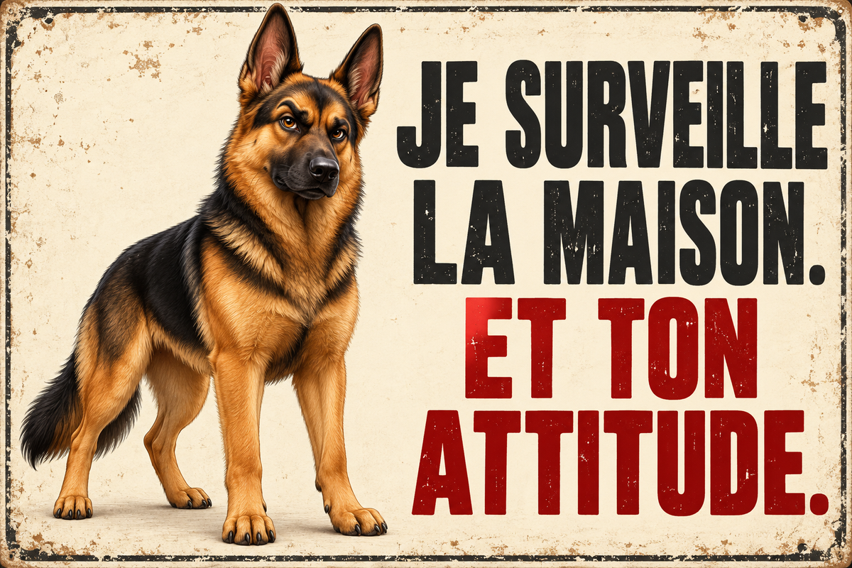 Plaque humoristique berger allemand Je surveille la maison. Et ton attitude. 30 × 20 cm
