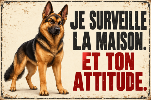Plaque humoristique berger allemand Je surveille la maison. Et ton attitude. 30 × 20 cm