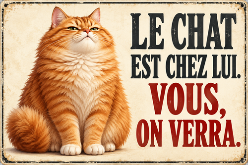 Plaque humoristique chat roux Le chat est chez lui. Vous, on verra. 30 × 20 cm