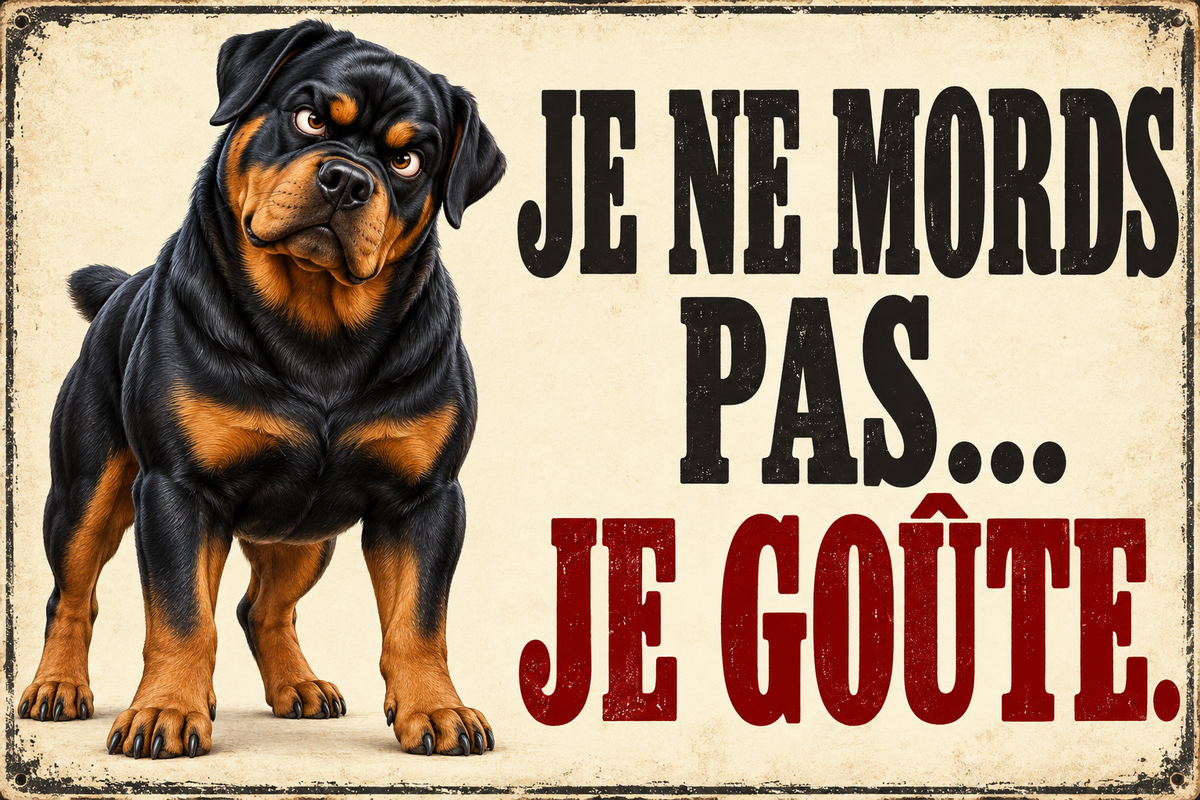 Plaque humoristique rottweiler Je ne mords pas… Je goûte. 30 × 20 cm