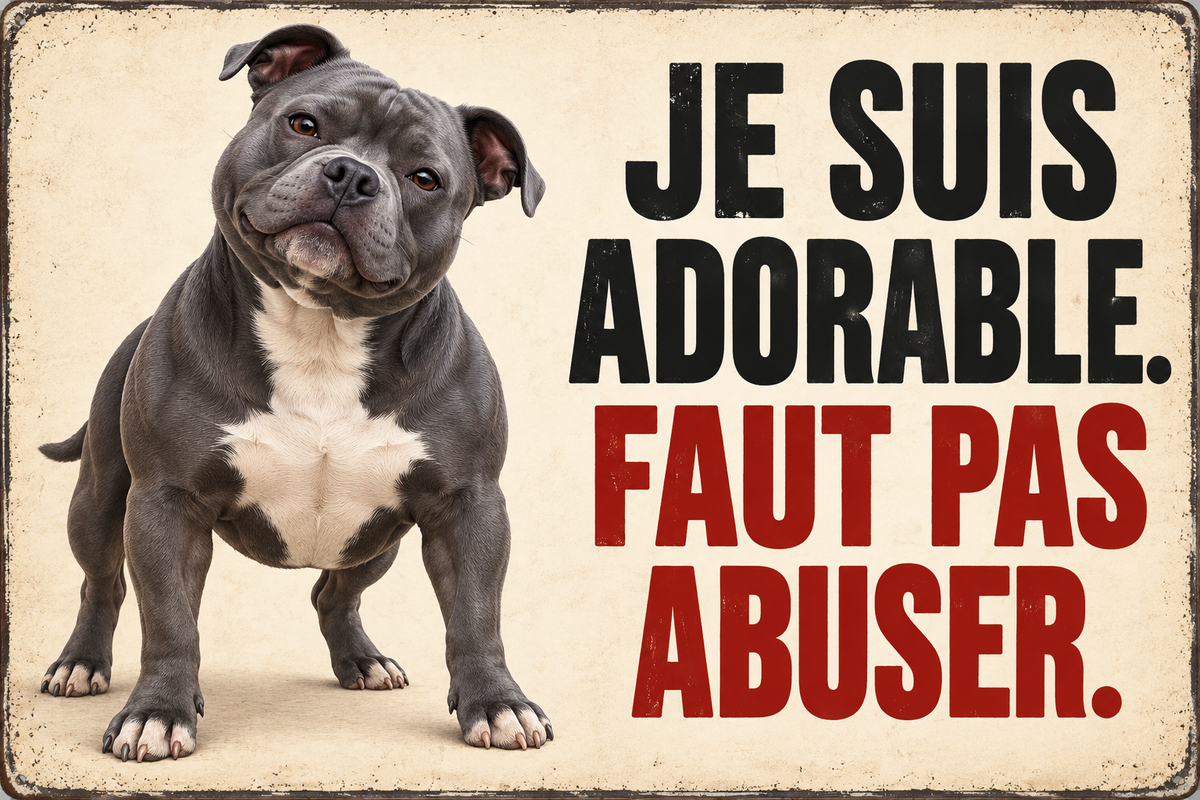 Plaque humoristique staffy Je suis adorable. Faut pas abuser. 30 × 20 cm