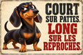 Plaque humoristique teckel Court sur pattes. Long sur les reproches. 30 × 20 cm