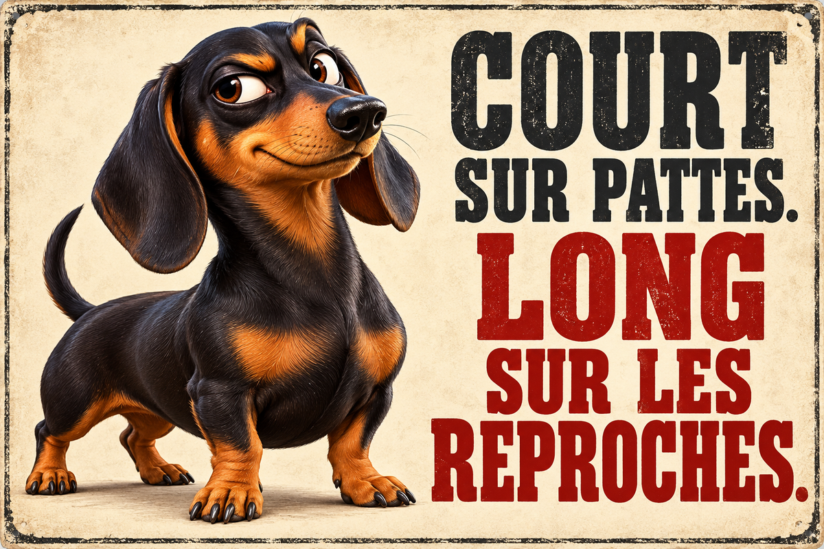 Plaque humoristique teckel Court sur pattes. Long sur les reproches. 30 × 20 cm