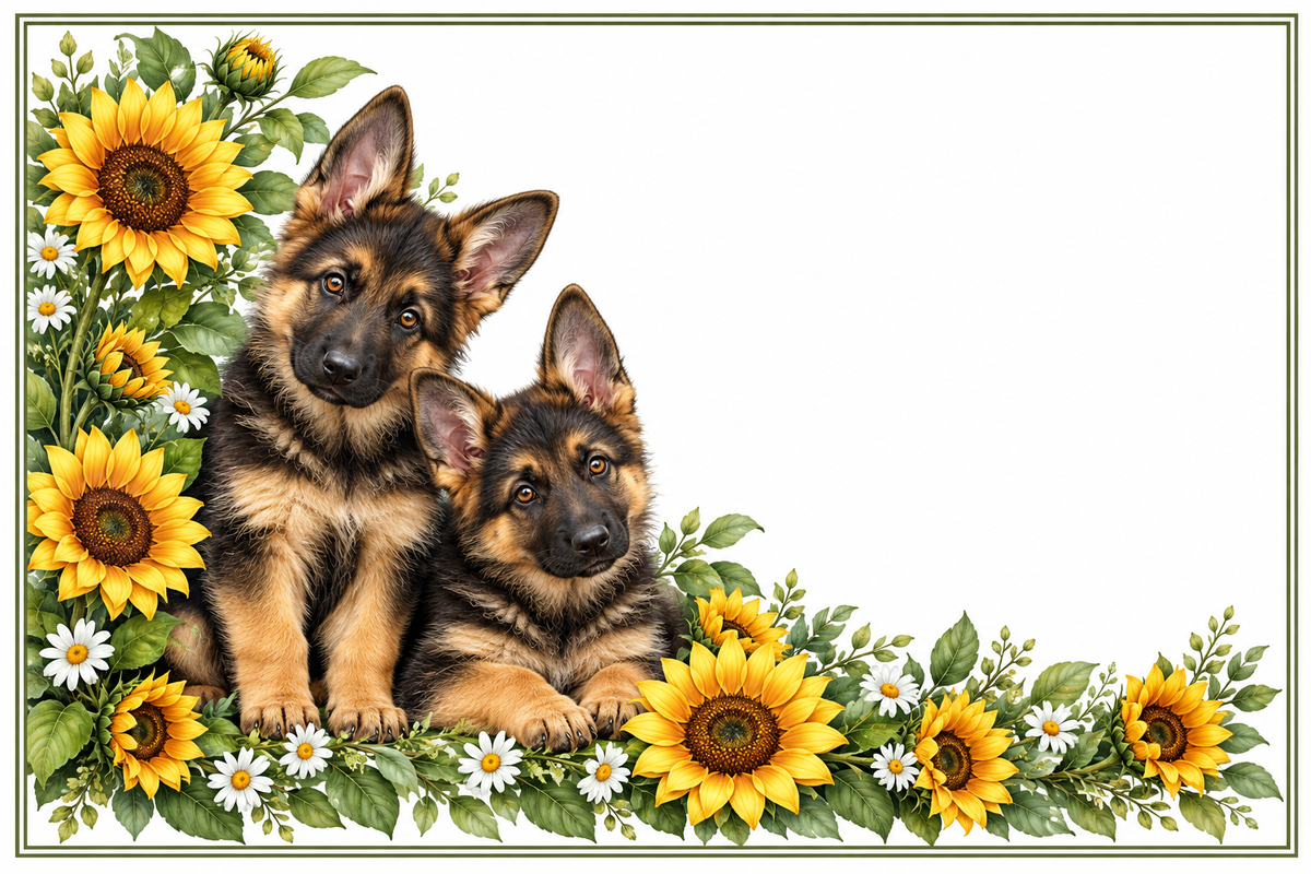 Berger allemand et tournesols – plaque maison sur fond blanc, sans numéro ni nom
