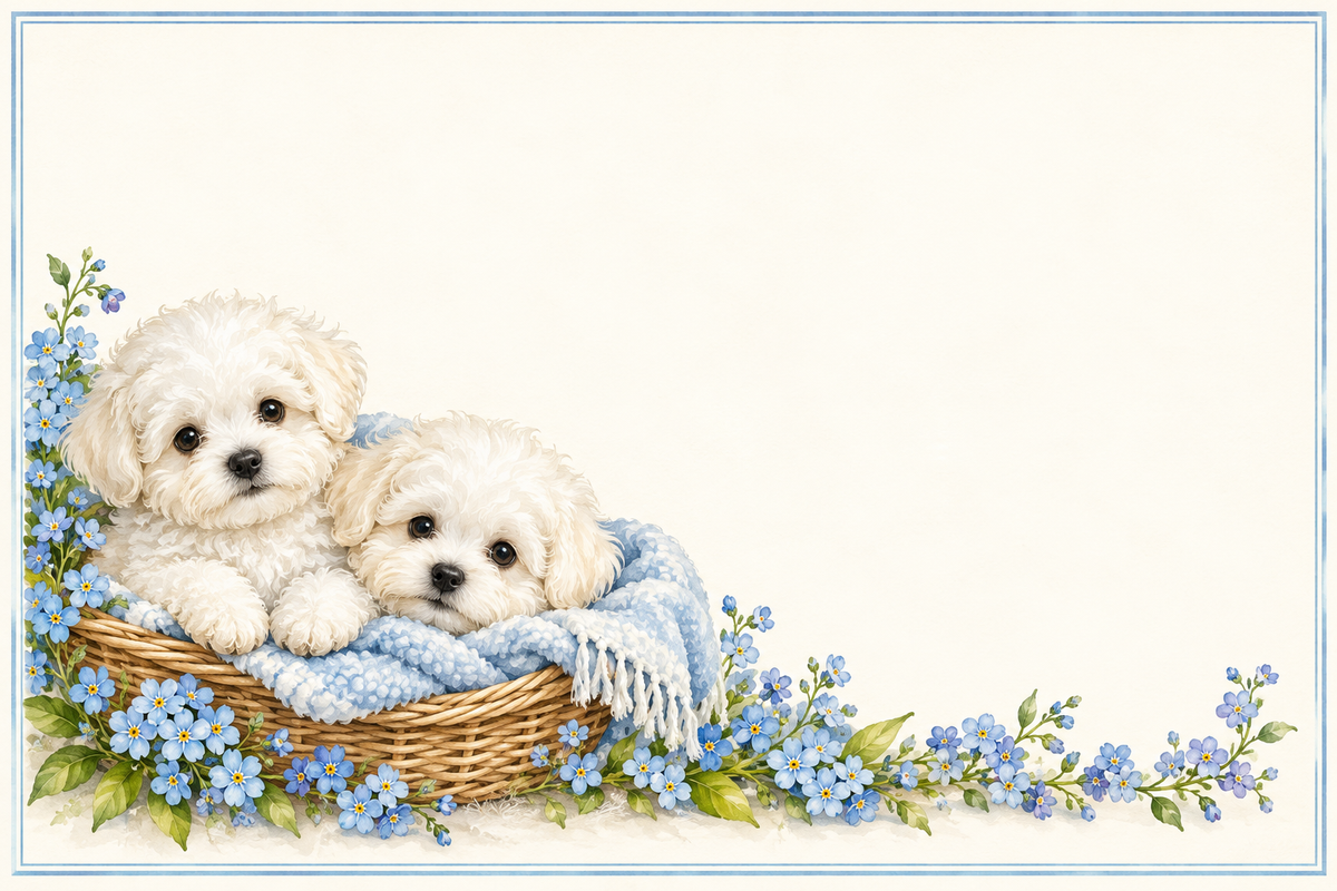 Petits bichons dans un panier – plaque maison 15 × 10 cm sans texte, espace libre pour numéro et nom