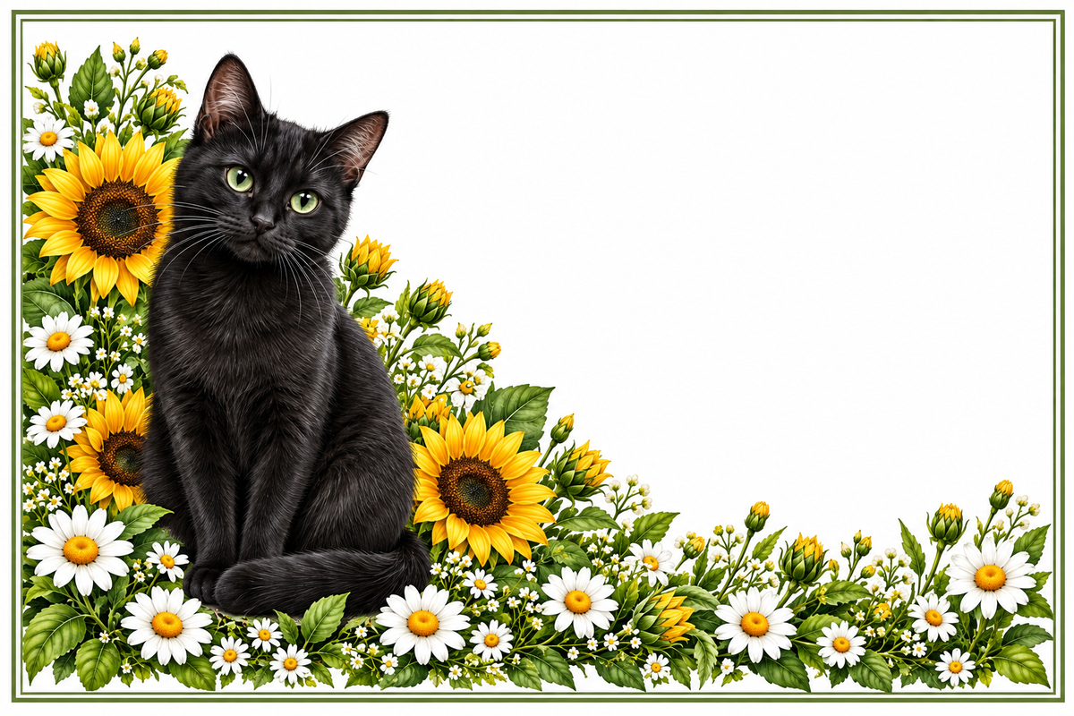 Chat noir tournesols – plaque maison sur fond blanc sans numéro ni nom