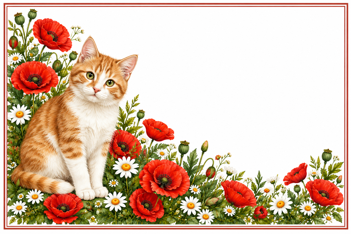 Chat roux coquelicots – plaque maison sur fond blanc sans numéro ni nom