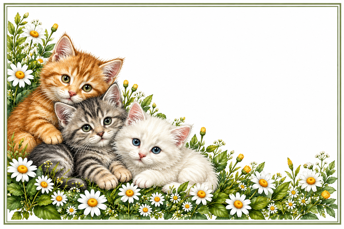 Chatons marguerites – plaque maison sur fond blanc, sans numéro ni nom