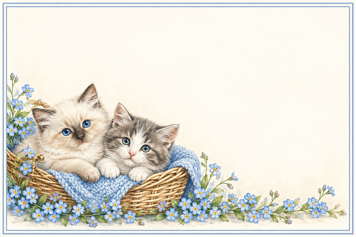 Chatons dans un panier – plaque maison 15 × 10 cm sans texte, zone libre pour numéro et nom