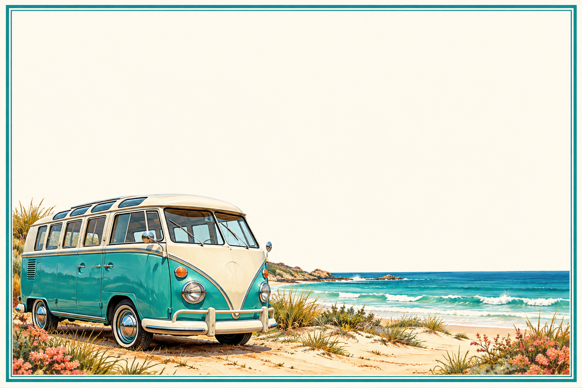 Plaque maison 15 × 10 cm : combi rétro turquoise et crème au bord de la mer, décor sans numéro ni nom