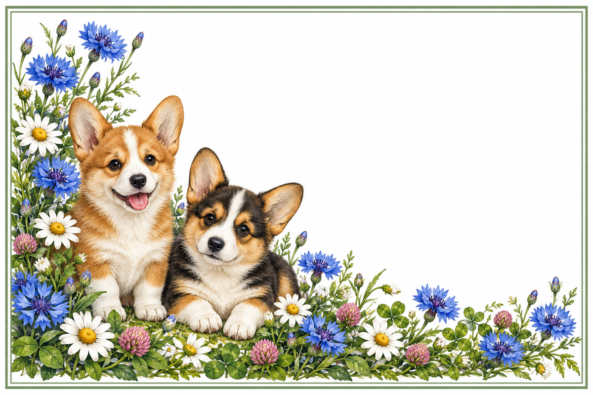 Corgis et fleurs champêtres – plaque maison sur fond blanc, sans numéro ni nom