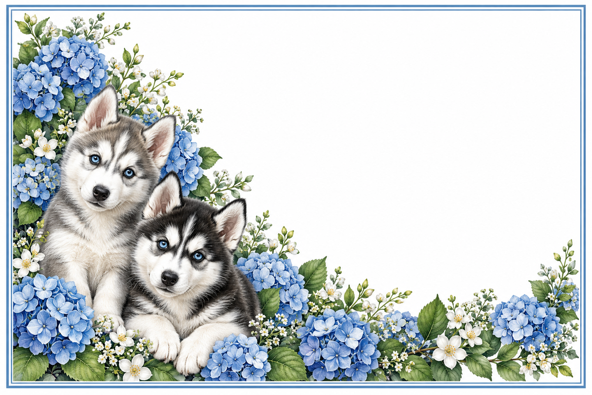 Huskys et fleurs bleues – plaque maison sur fond blanc, sans numéro ni nom