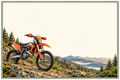 Moto enduro orange sur un sentier de montagne, décor 15 × 10 cm avec espace libre pour numéro et nom