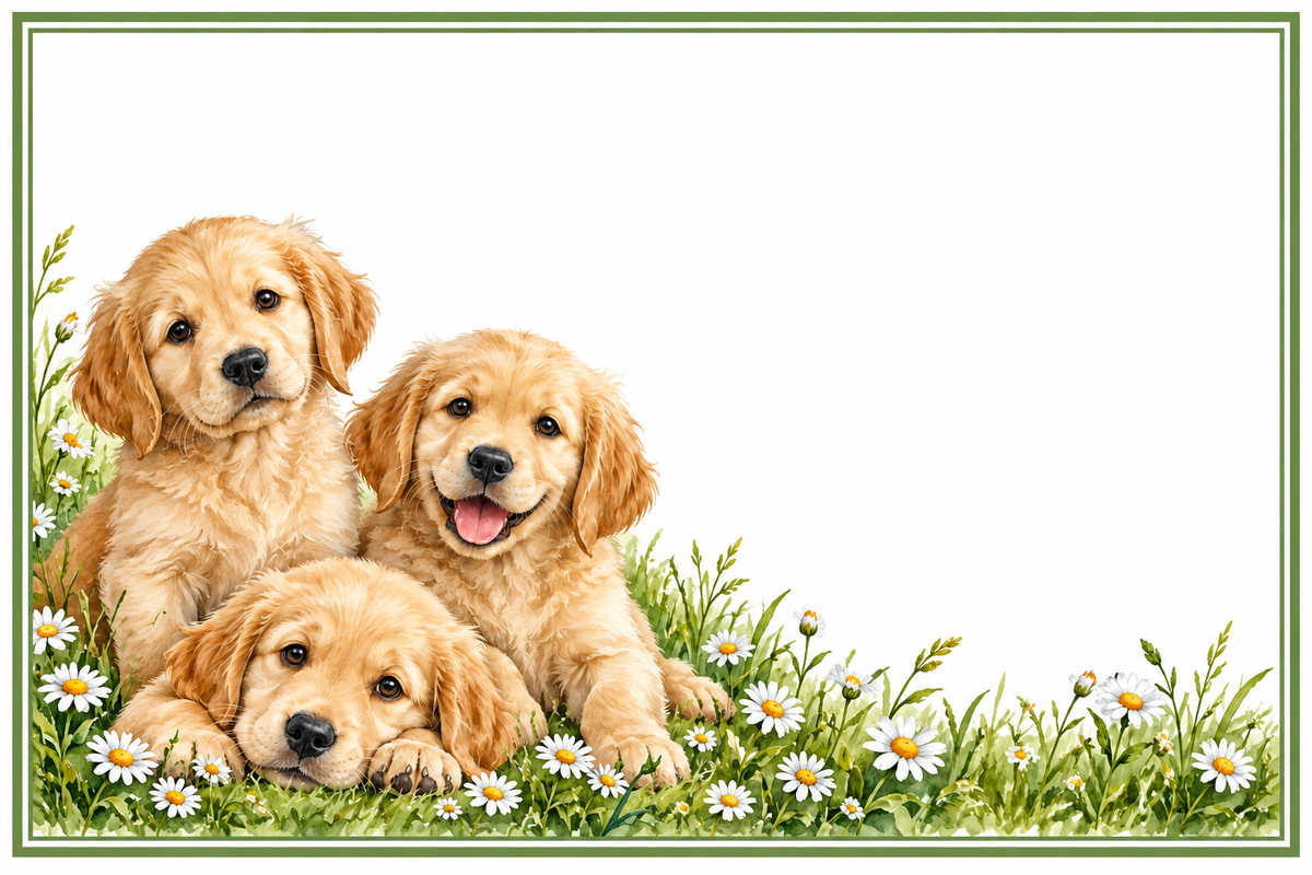 Plaque maison personnalisable – Chiots dorés et marguerites – 10 × 15 cm – fond blanc, sans numéro ni nom