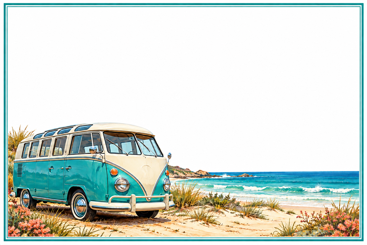 Plaque maison 15 × 10 cm : combi rétro turquoise et crème au bord de la mer, décor sans numéro ni nom — fond blanc