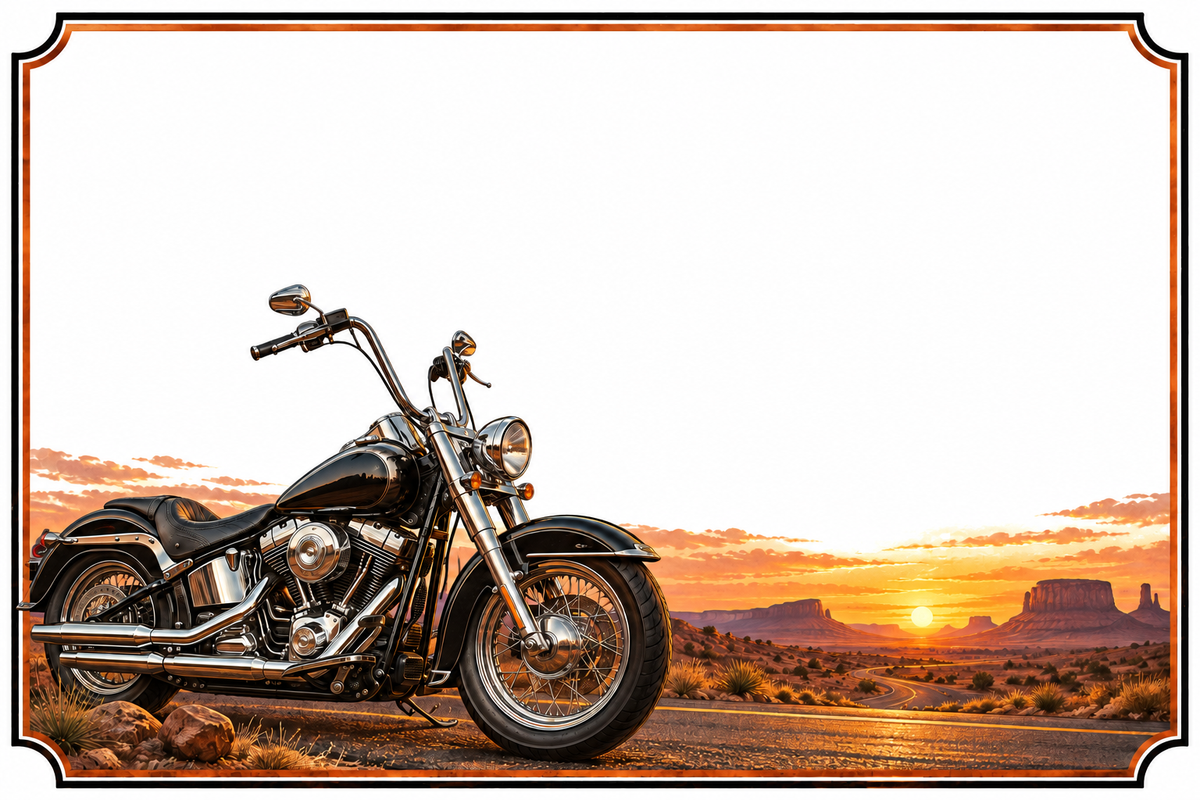 Moto custom noire et chrome esprit biker, décor de plaque maison 15 × 10 cm, zone libre pour numéro et nom — fond blanc