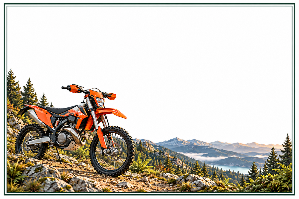 Moto enduro orange sur un sentier de montagne, décor 15 × 10 cm avec espace libre pour numéro et nom — fond blanc