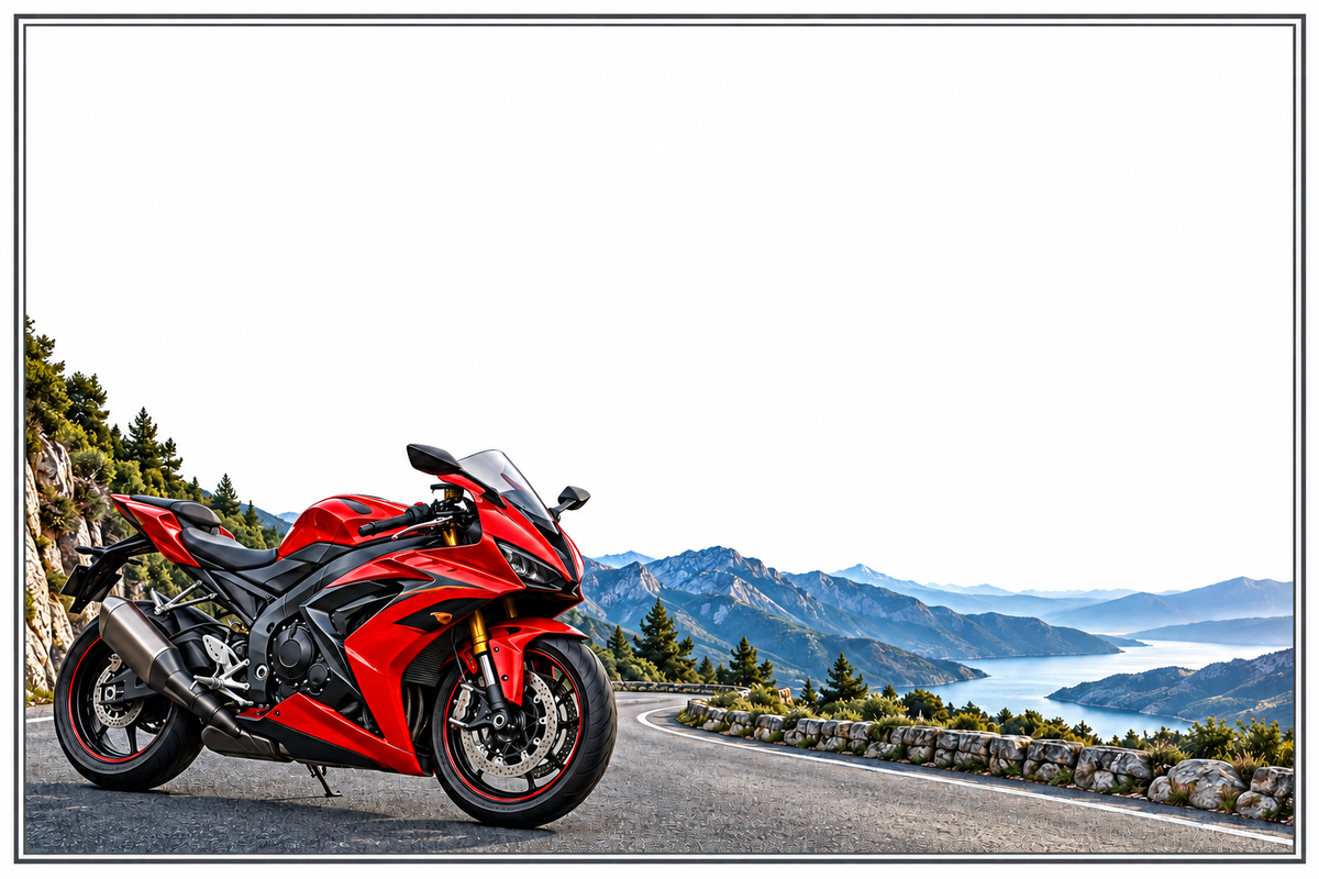Moto sportive rouge et noire, décor de plaque maison 15 × 10 cm, grande zone libre pour numéro et nom — fond blanc