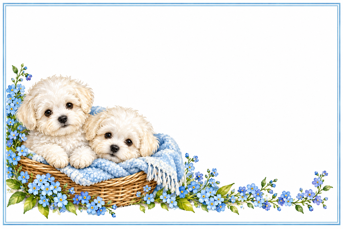 Plaque maison personnalisable – Petits bichons dans un panier – 10 × 15 cm – fond blanc, sans numéro ni nom