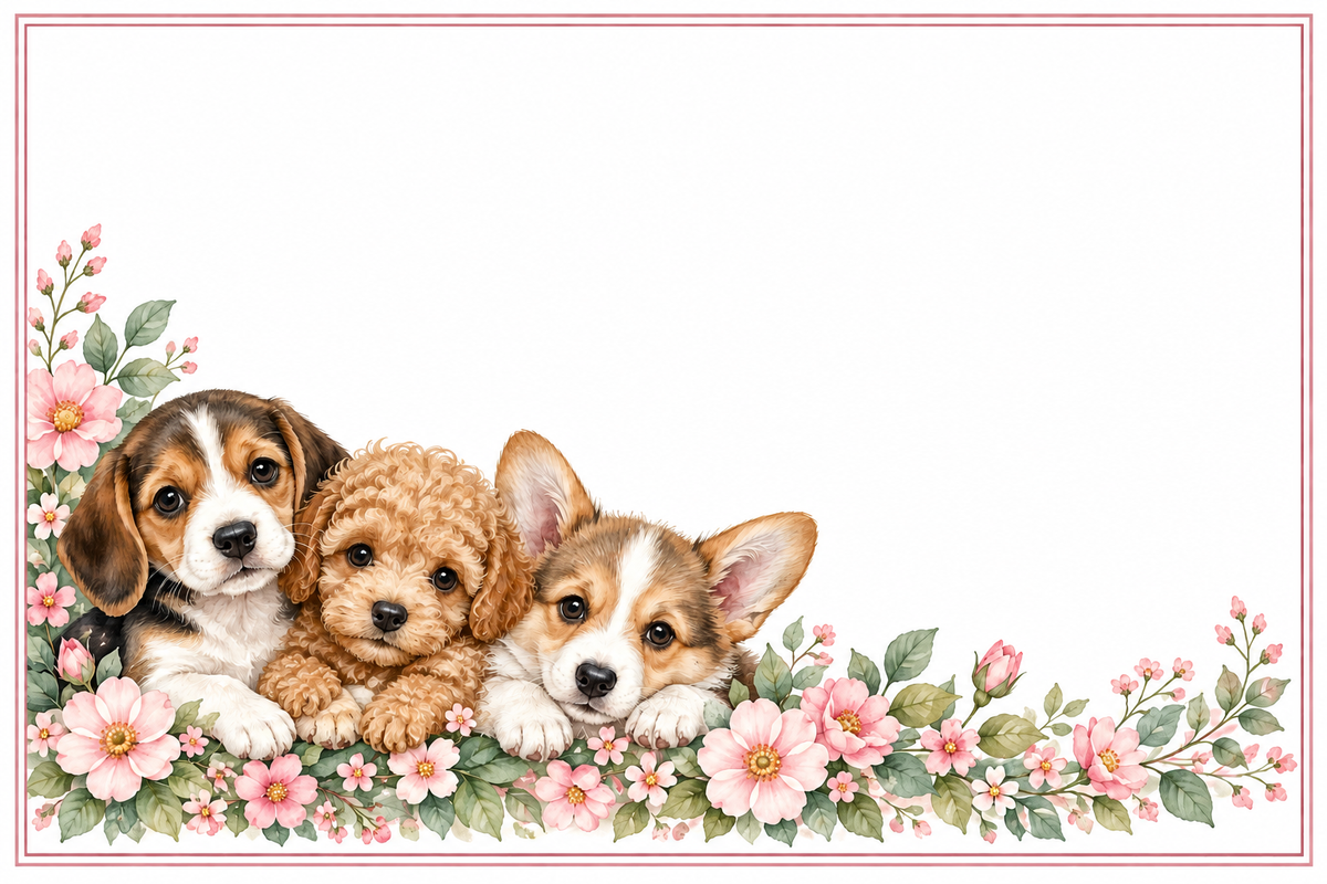 Plaque maison personnalisable – Petits chiots et fleurs roses – 10 × 15 cm – fond blanc, sans numéro ni nom