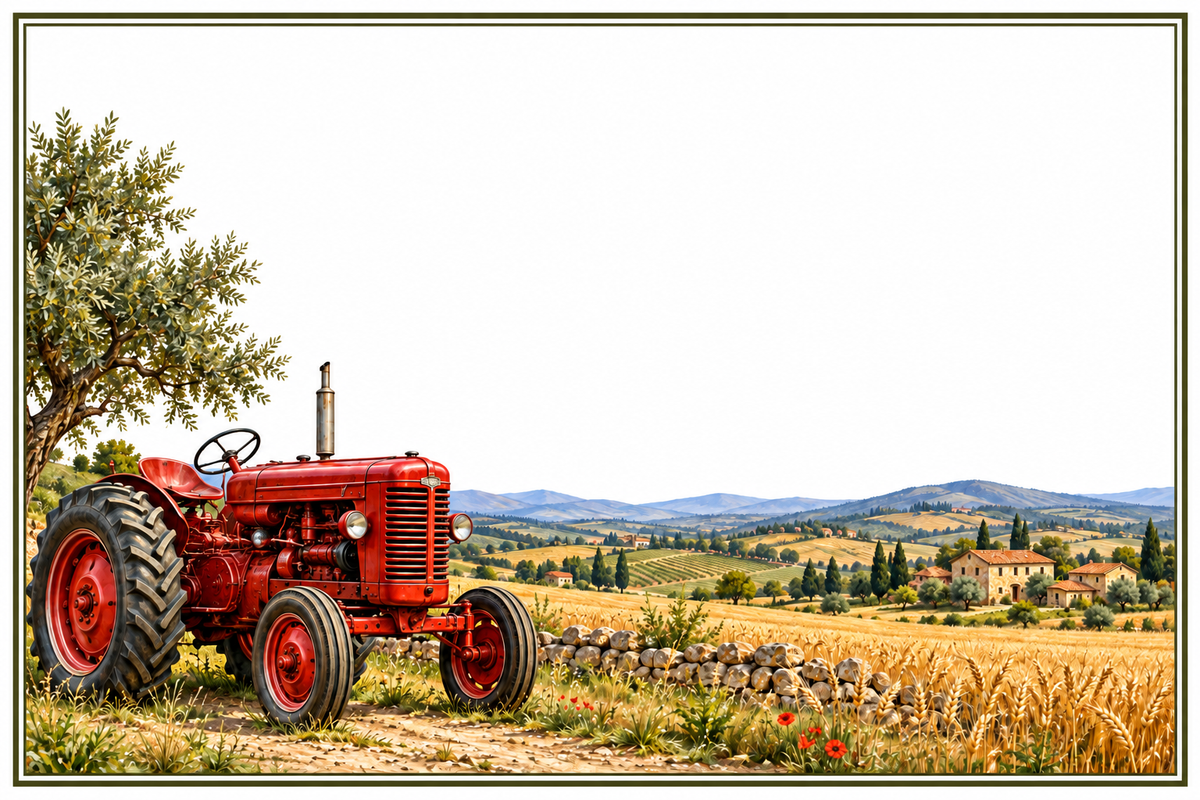 Plaque maison 15 × 10 cm : tracteur rouge vintage dans des champs dorés, décor sans numéro ni nom — fond blanc