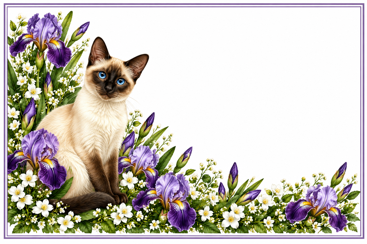 Siamois iris violets – plaque maison sur fond blanc sans numéro ni nom