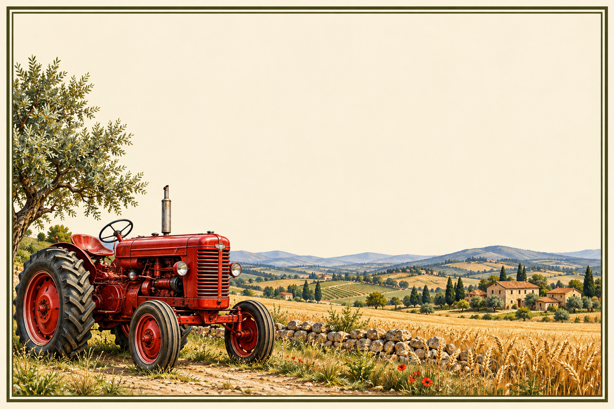 Plaque maison 15 × 10 cm : tracteur rouge vintage dans des champs dorés, décor sans numéro ni nom