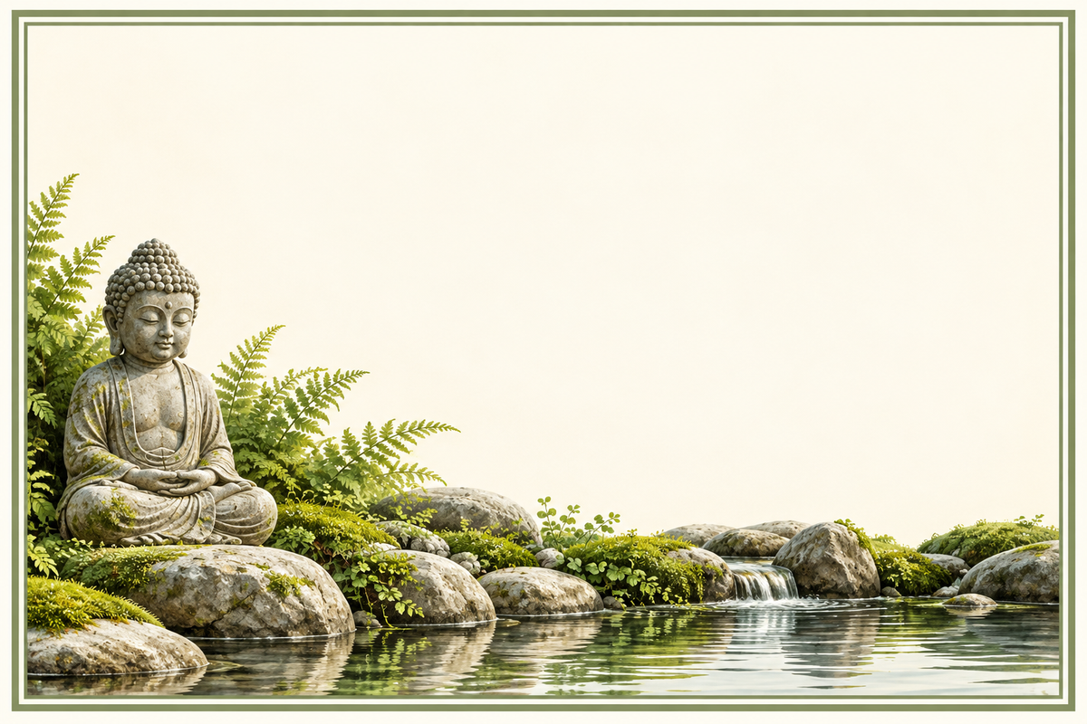 Plaque maison 15 × 10 cm : Bouddha en pierre dans un jardin d’eau avec mousse et fougères, décor sans numéro ni nom