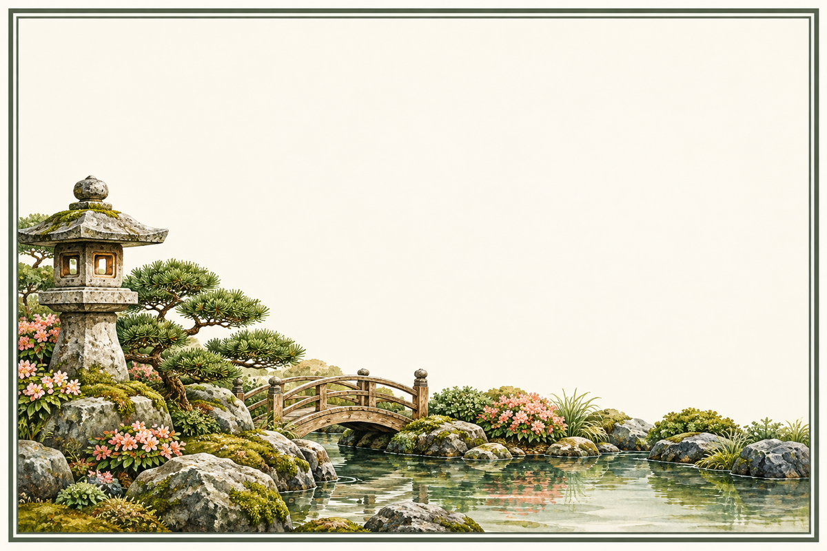Plaque maison 15 × 10 cm : jardin japonais avec lanterne en pierre, pont et bassin, décor sans numéro ni nom