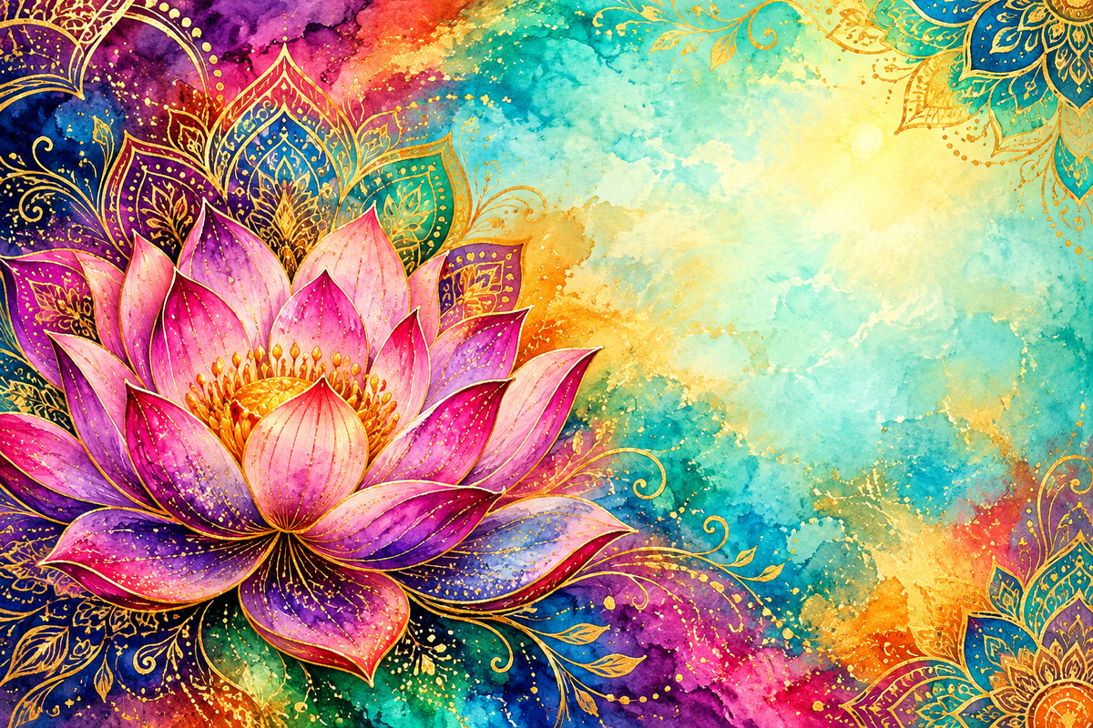Plaque maison 15 × 10 cm : lotus rose et violet, des mandalas dorés et un fond multicolore, décor sans numéro ni nom